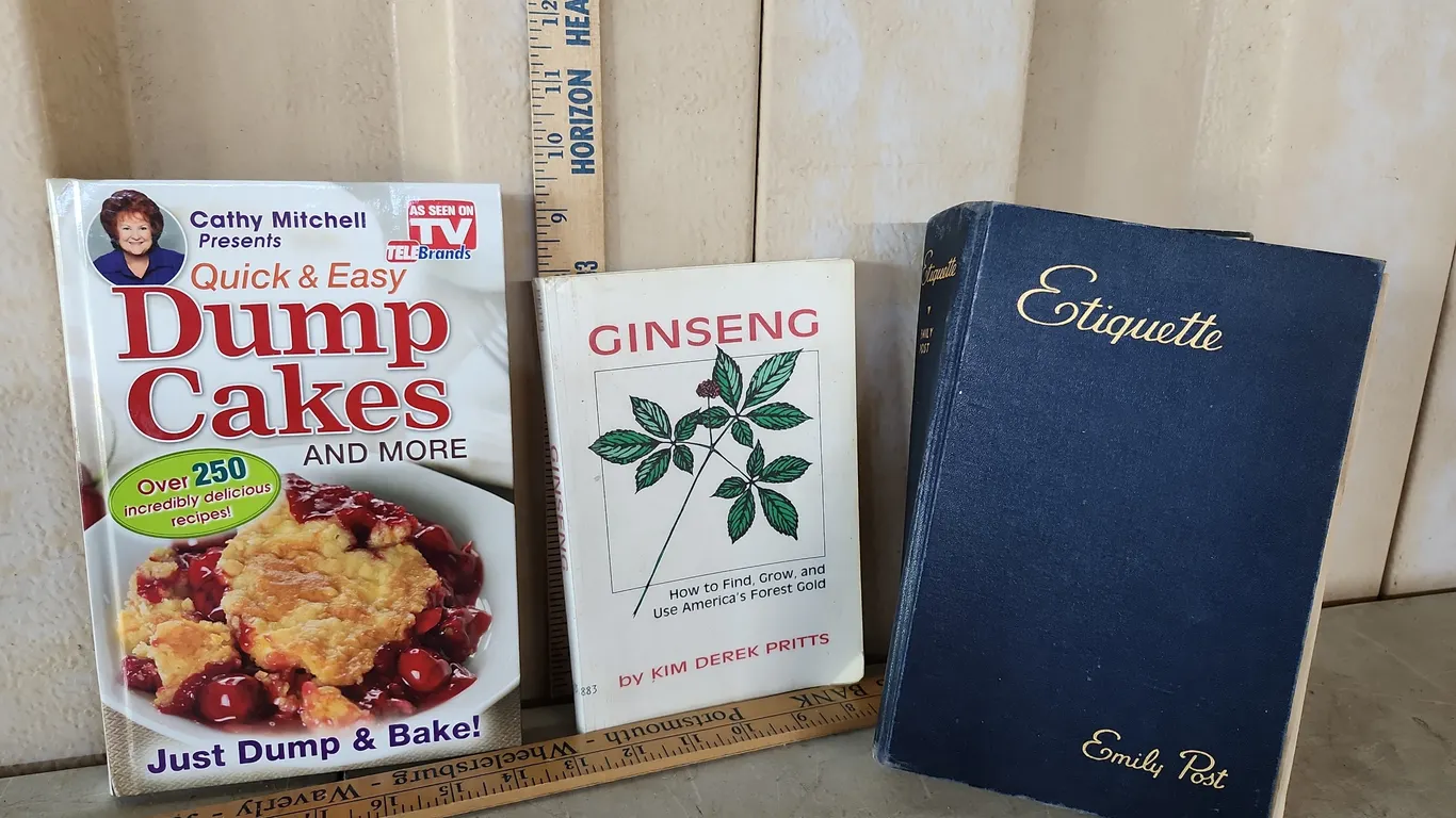 1938 Etiquette (Some Damage), 1995 Ginseng, & Quick & Easy Dump Cakes Books