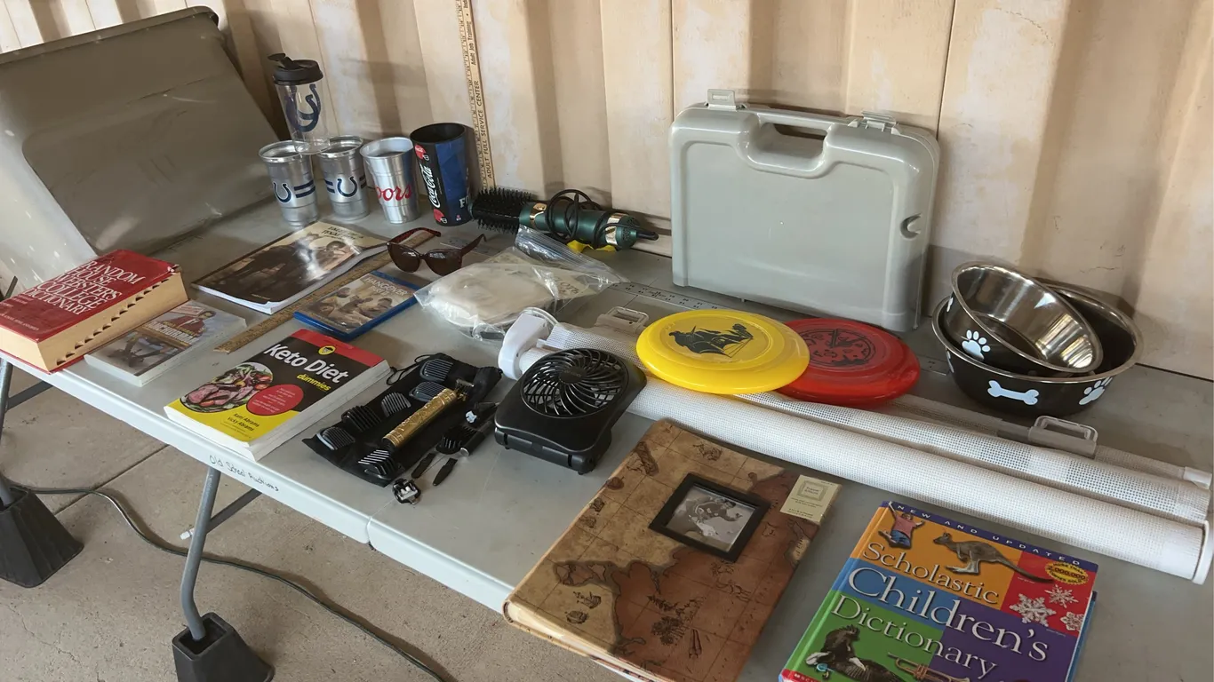 Tote, Metal Dog Bowls, Books, Curling Brush, Etc.