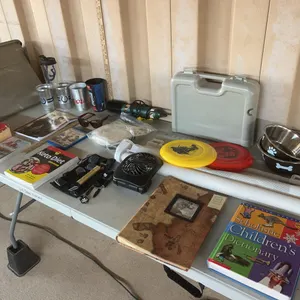 Tote, Metal Dog Bowls, Books, Curling Brush, Etc.