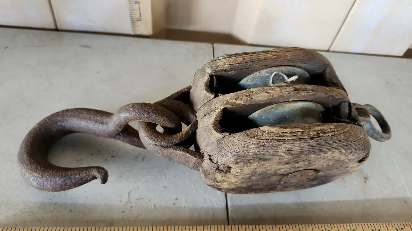 Vintage Wooden Double Sheave Block & Tackle Pulley W/Iron Hook 15"