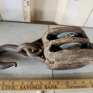 Vintage Wooden Double Sheave Block & Tackle Pulley W/Iron Hook 15"