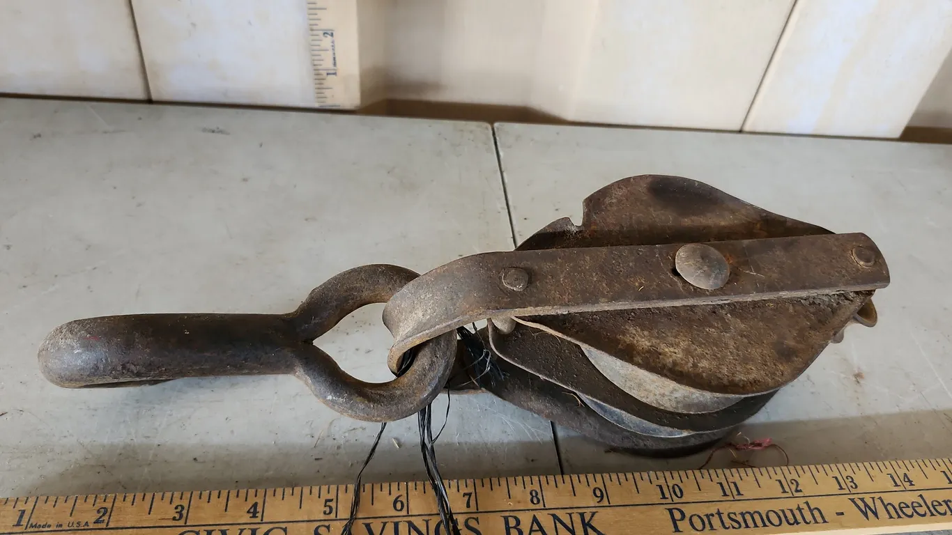 Vintage Metal Double Sheave Block & Tackle Pulley W/Iron Hook 12''
