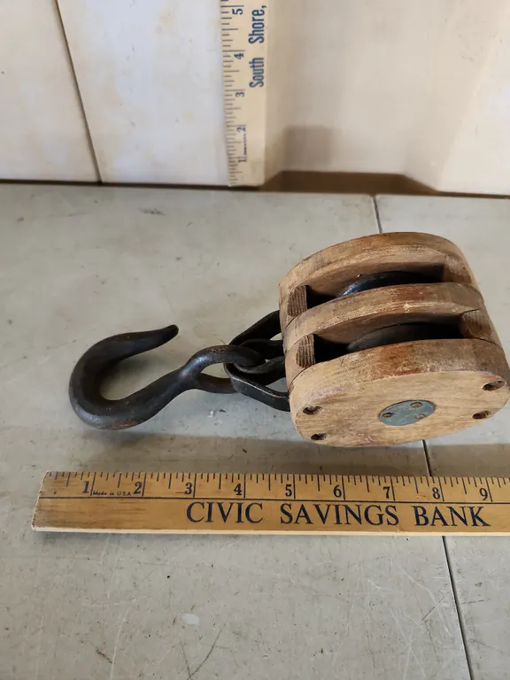 Vintage Wooden Double Sheave Block & Tackle Pulley W/Iron Hook 9''