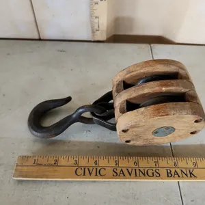 Vintage Wooden Double Sheave Block & Tackle Pulley W/Iron Hook 9''