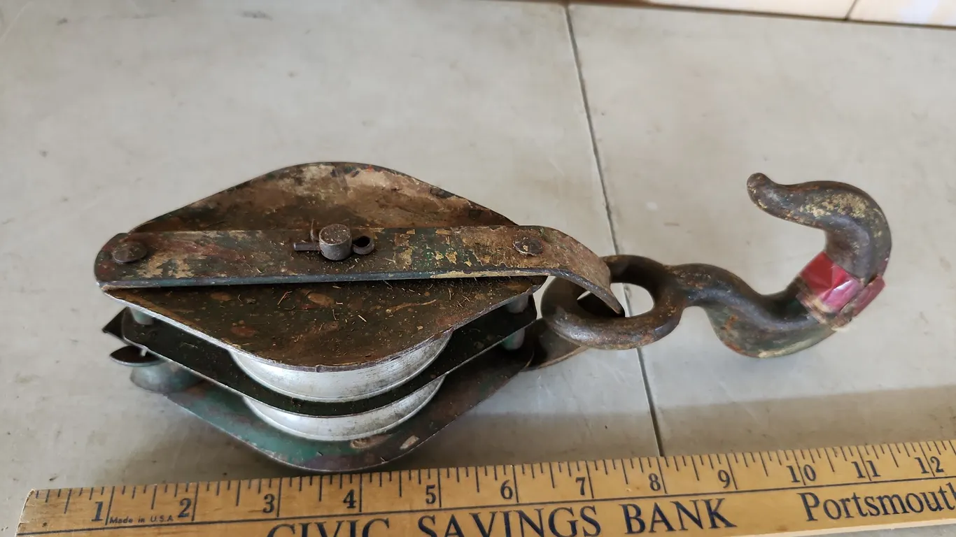 Vintage Metal Double Sheave Block & Tackle Pulley W/Iron Hook 11''