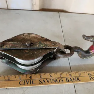 Vintage Metal Double Sheave Block & Tackle Pulley W/Iron Hook 11''