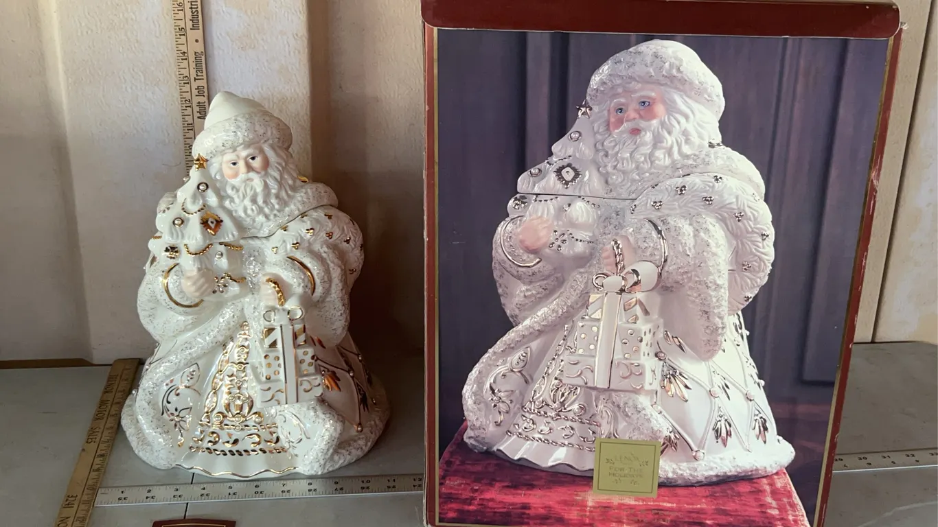 Large Lenox For The Holidays Florentine & Pearl Santa Cookie Jar In Box