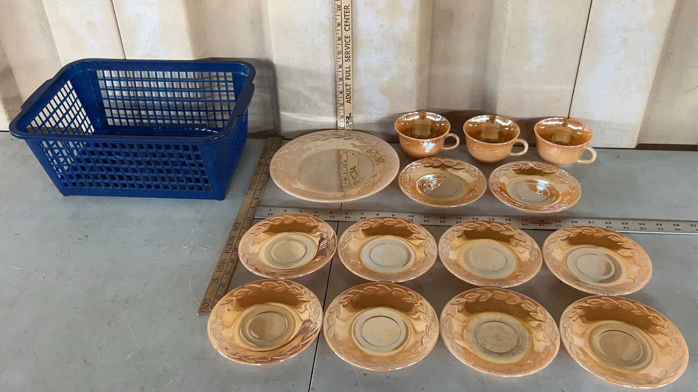 Vintage Fire King Peach Luster 10 Saucers, 3 Teacups, & 1 Plate 9"