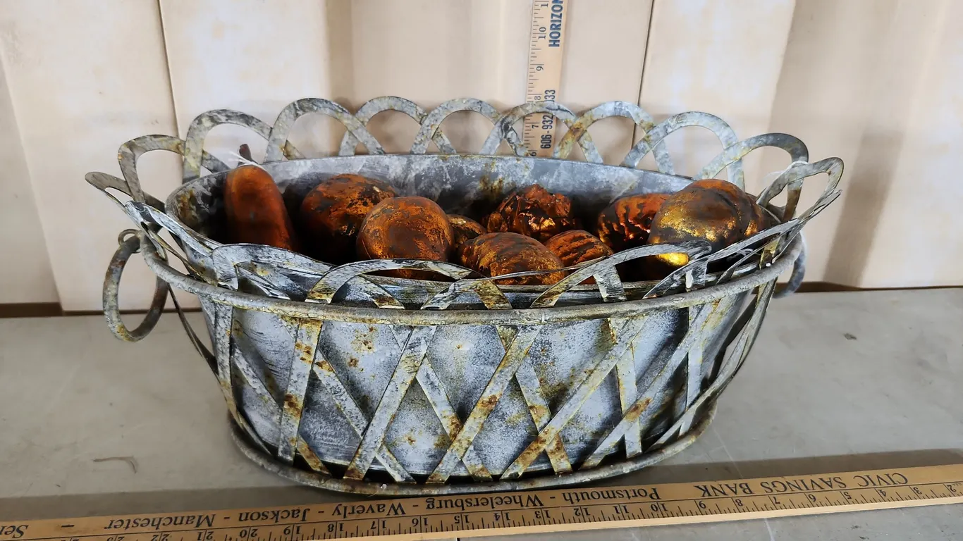 Metal Decor Oval Bucket 18.5"X12.5"X8" W/Foam Painted Fruit/Vegetables