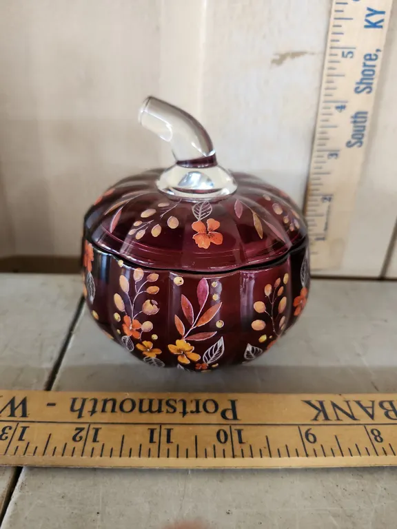 Purple Glass Transfer Ware Flower Pattern Trinket Box W/Partial Candle