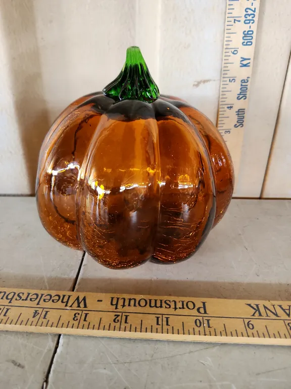 Hand Blown Crackle Glass Pumpkin 5.75" Tall