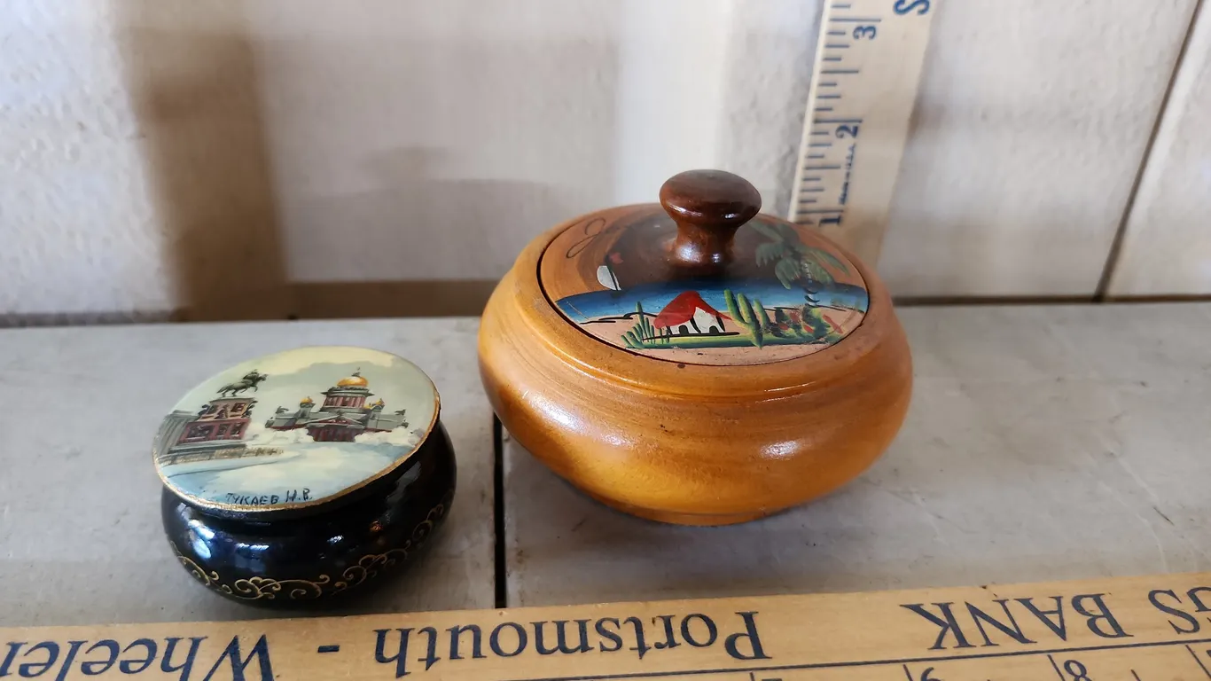 2 Vintage Wood Trinket Boxes- 1 Hand Painted, 1 Lacquer Finish