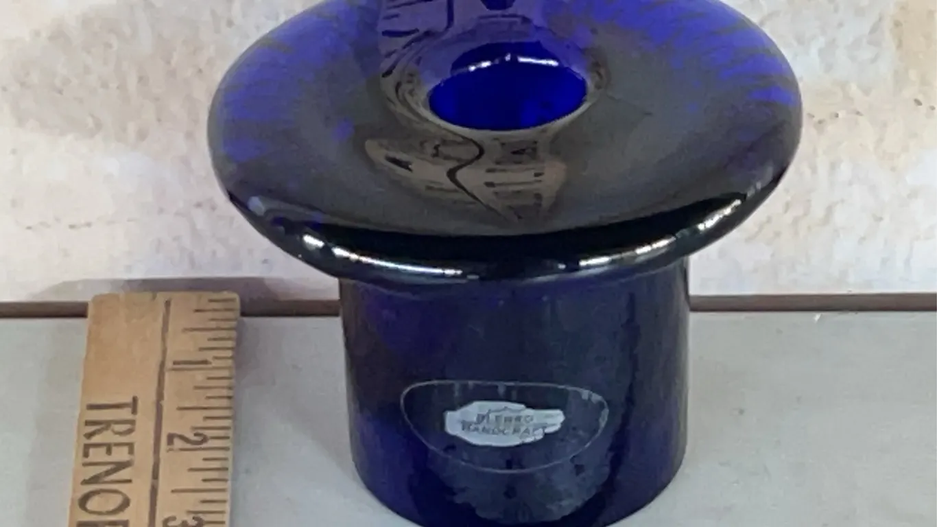 Vintage Blenko Handcraft Cobalt Blue Glass Top Hat Candle/Toothpick/Match Holder 4"X3"