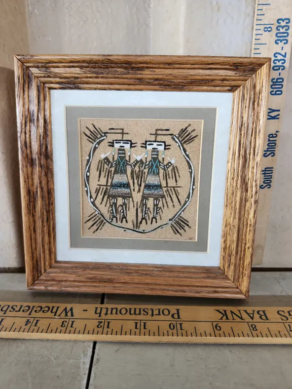 Vintage Native American Navajo Sand Painting Traditional Yei Figures W/Wood Frame 7"X7"
