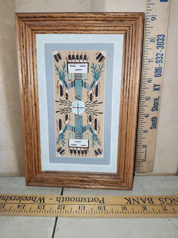 Vintage Native American Navajo Sand Painting Traditional Yei Figures W/Wood Frame 6"X9"