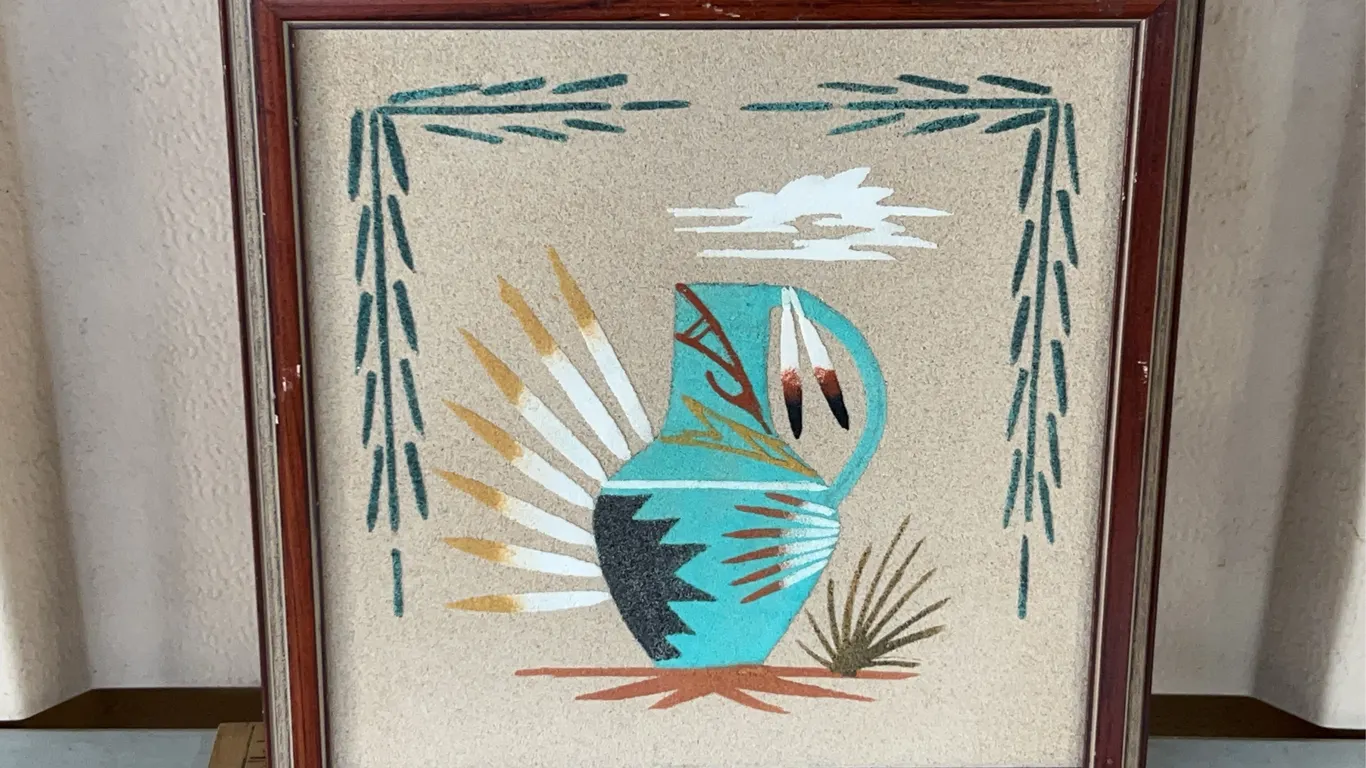 By Henry Vintage Native American Navajo Sand Painting Turquoise Water Jar W/Feathers W/Wood Frame 13