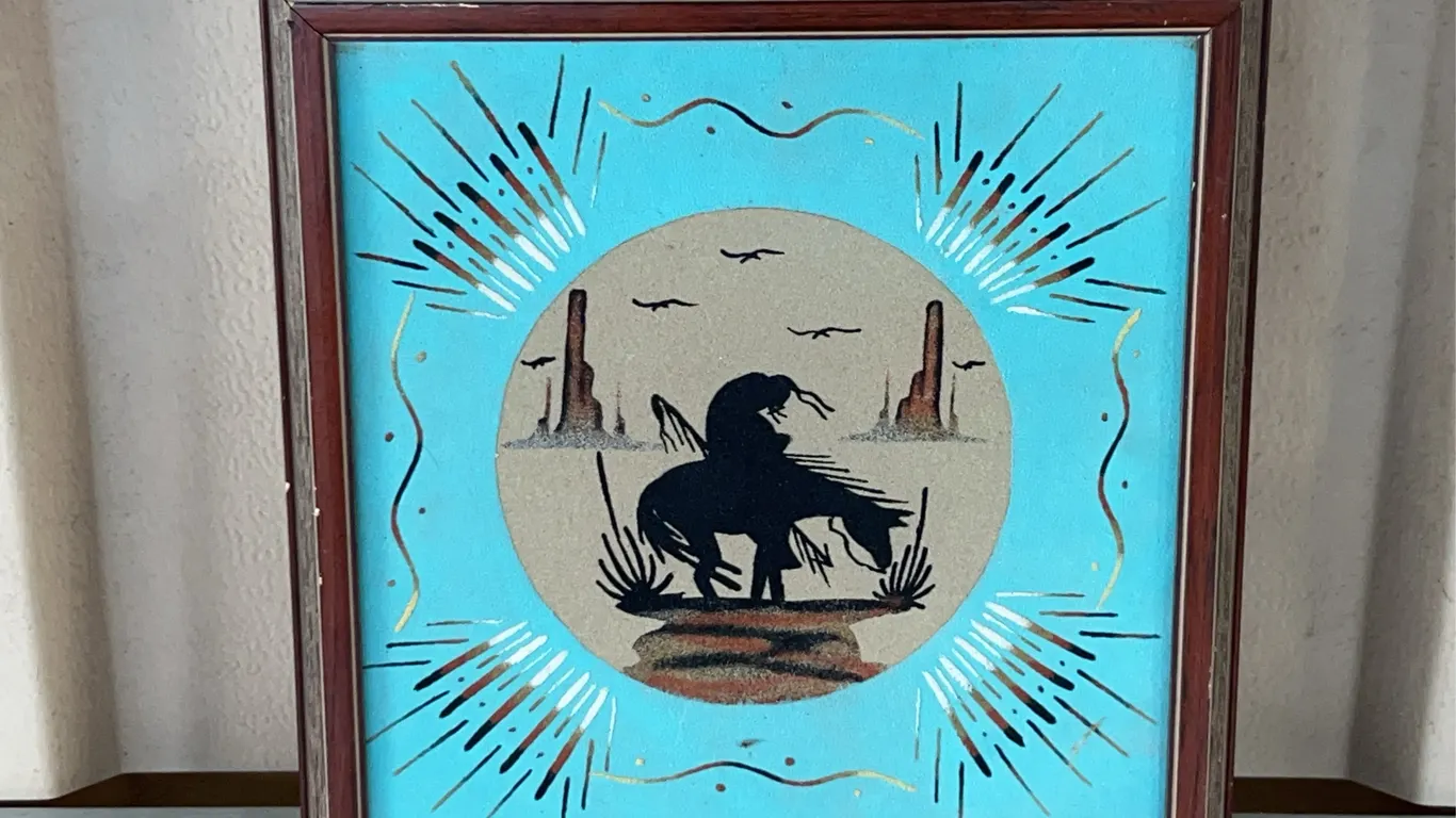 Vintage Southwestern Sand Painting "End Of The Trail" W/Wood Frame 14"X14" (Frame Is Loose)