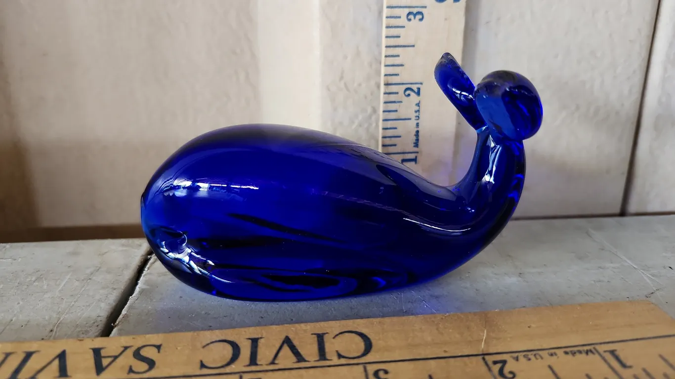 Cobalt Blue Glass Hand Crafted Whale 4.25"X1.5"X2.5"