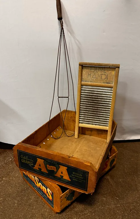 Washboard, Rug Beater & Fruit Boxes