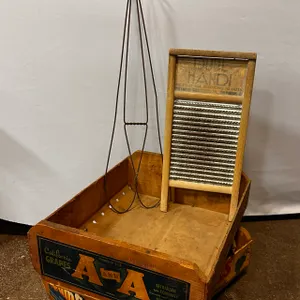 Washboard, Rug Beater & Fruit Boxes