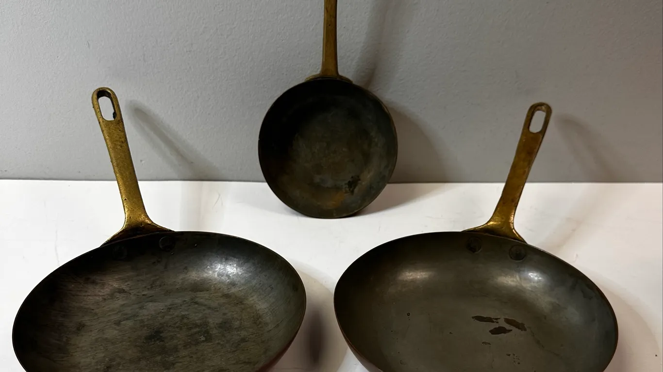 Trio of Vintage Copper Pans w/ Brass Handles Plus