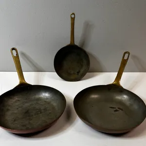 Trio of Vintage Copper Pans w/ Brass Handles Plus