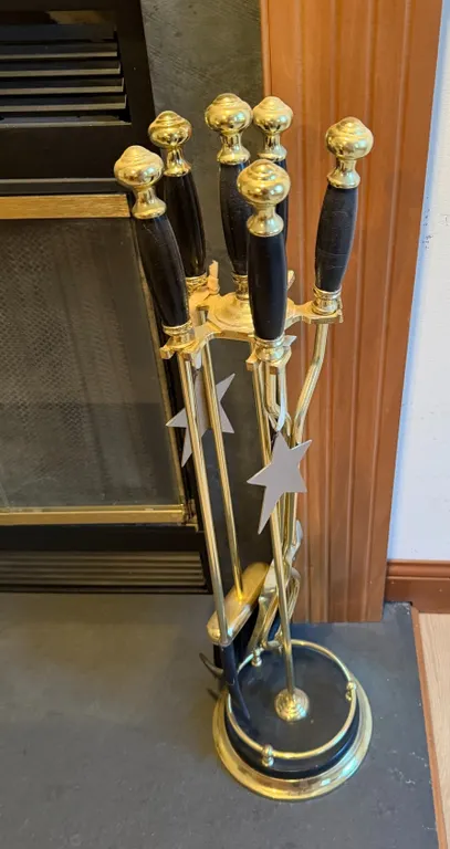 Vintage Brass Fireplace Tool Set with Black Handles & Stand – 5 Piece