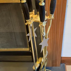 Vintage Brass Fireplace Tool Set with Black Handles & Stand – 5 Piece