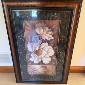 Large Framed Floral Artwork – White Blossoms – Decorative Bronze Frame