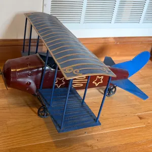 Vintage-Style Metal Biplane Airplane Model – Blue & Burgundy – Decorative Aviation Collectible