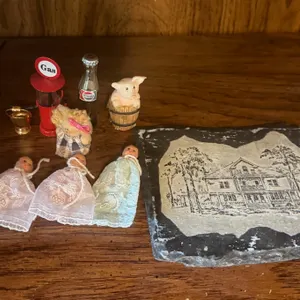 Vintage Mixed Collectibles Lot – Miniature Gas Pump, Pepsi Bottle, Dolls, Figurines & Lodge Sign