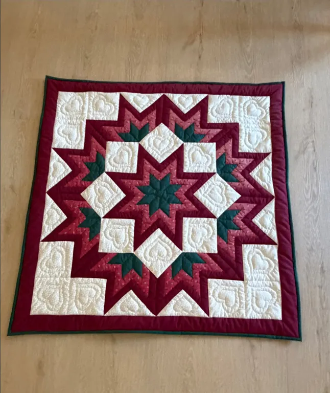 Handmade Quilted Wall Hanging / Decorative Quilt – Burgundy, Cream & Green – Heart & Star Design