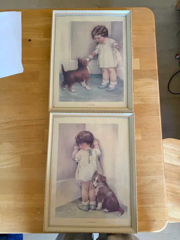 Vintage Bessie Pease Gutmann Children & Dog Prints – The Reward & In Disgrace – Framed Pair
