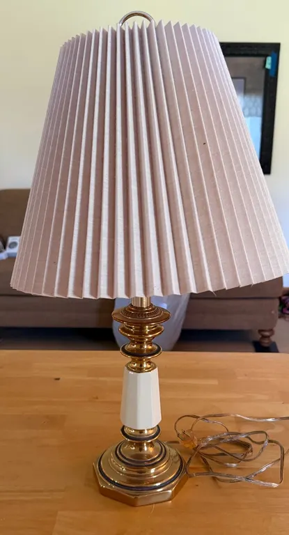 Vintage Brass & White Ceramic Table Lamp – Pleated Shade – Hollywood Regency Style