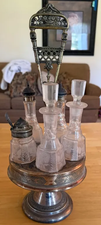 Antique/Vintage Silverplate Condiment & Cruet Set – Ornate 5-Bottle Stand