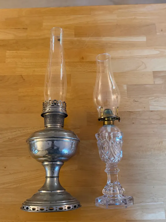 Lot of 2 Vintage Oil Lamps – Glass & Metal Table Lamps