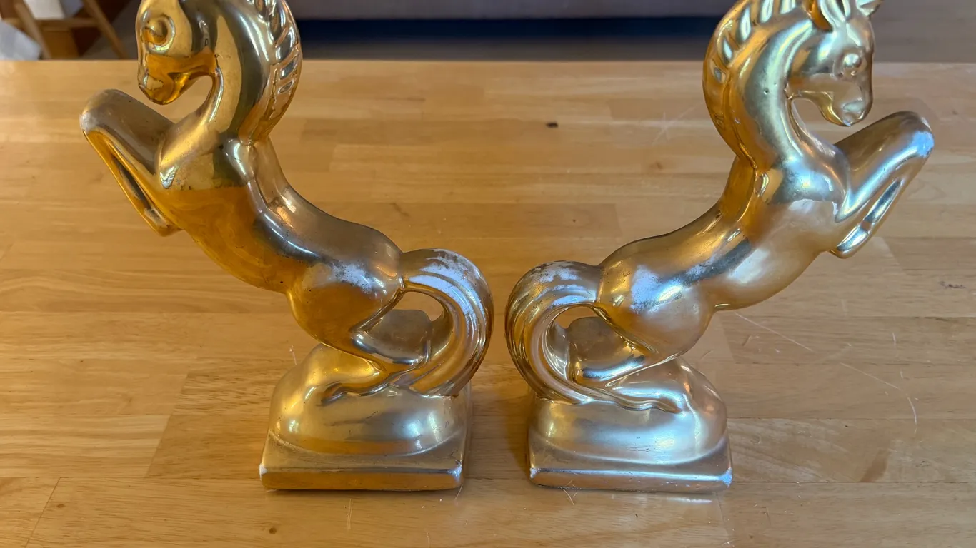 Pair Gold Ceramic Rearing Horse Figurines
