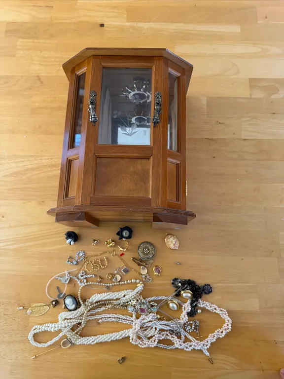 Wood Jewelry Armoire Cabinet with Costume Jewelry