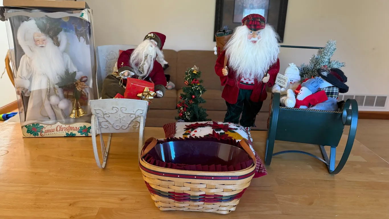 Large Christmas Decor Lot – Santas, Snowmen, Tree & Longaberger Basket