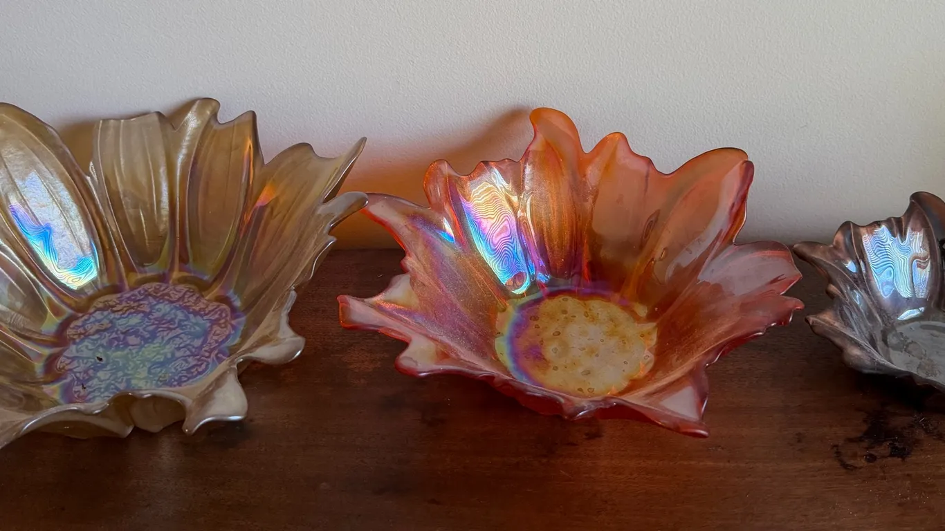 Lot of 3 Iridescent Art Glass Flower Bowls – Amber, Orange & Smoke