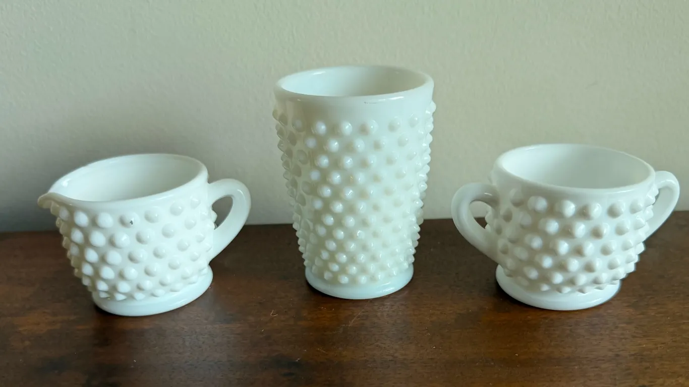Vintage Milk Glass Hobnail Creamer Sugar Bowl & Tumbler Lot