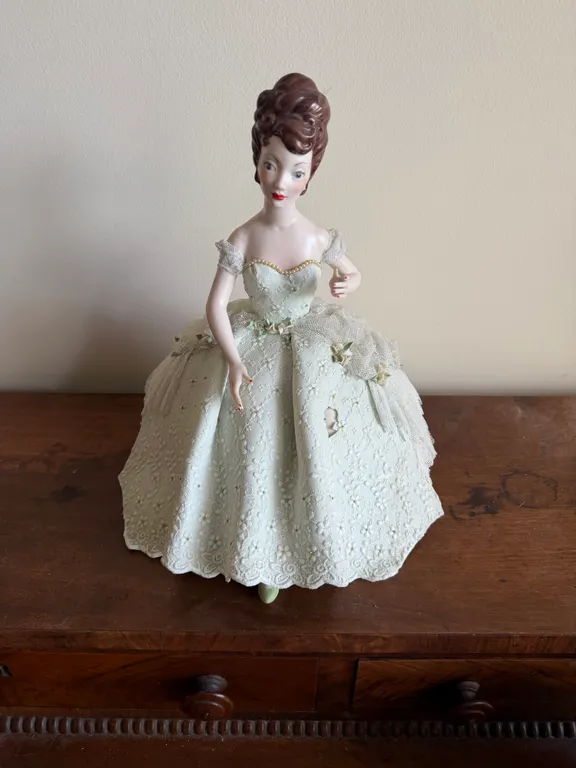 Vintage Porcelain Lady Figurine Lace Dress Applied Flowers