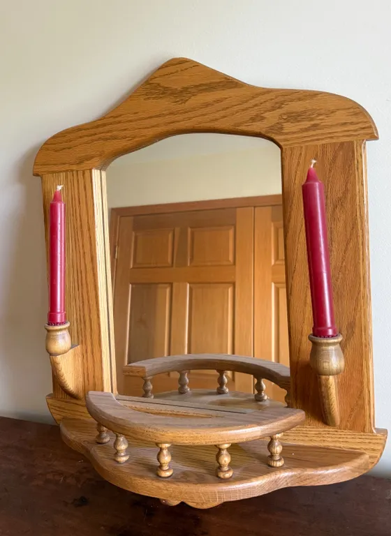 Wood Wall Mirror with Candle Holders & Shelf