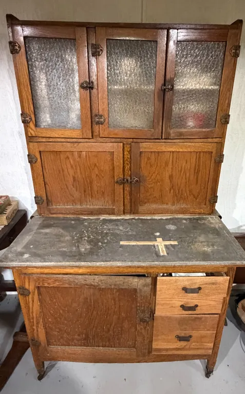 Antique Oak Hoosier Style Kitchen Cabinet w/ Zinc Top
