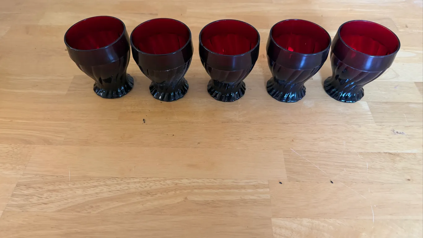 Set of 5 Ruby Red Footed Glass Tumblers / Goblets