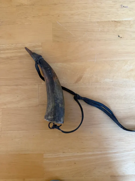Antique Powder Horn with Wooden Stopper & Strap