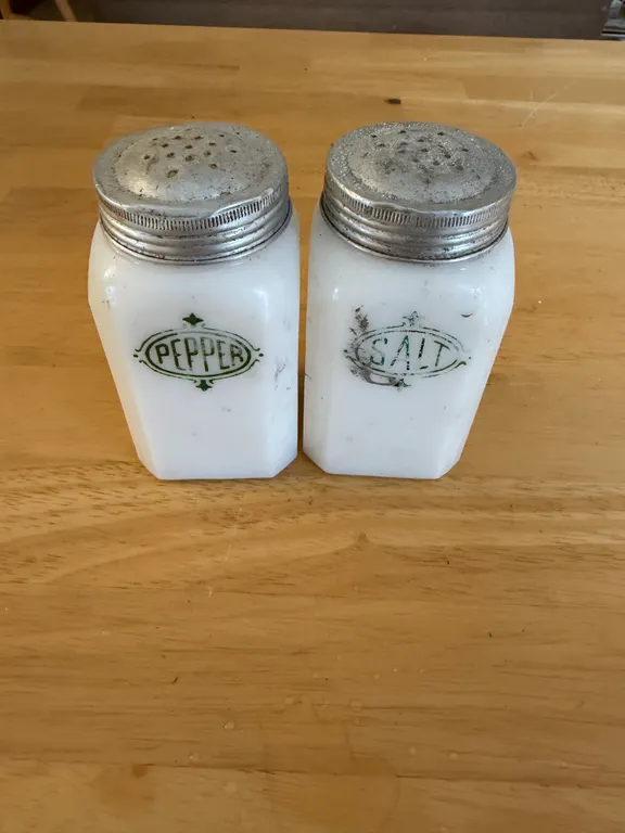Vintage Milk Glass Salt & Pepper Shakers Metal Lids