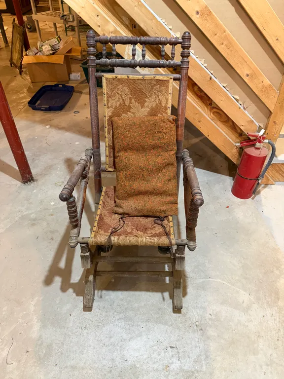 Antique Victorian Spindle Wood Rocking Chair Upholstered