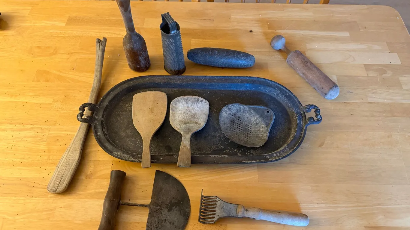 Primitive Kitchen Utensils & Metal Tray Lot