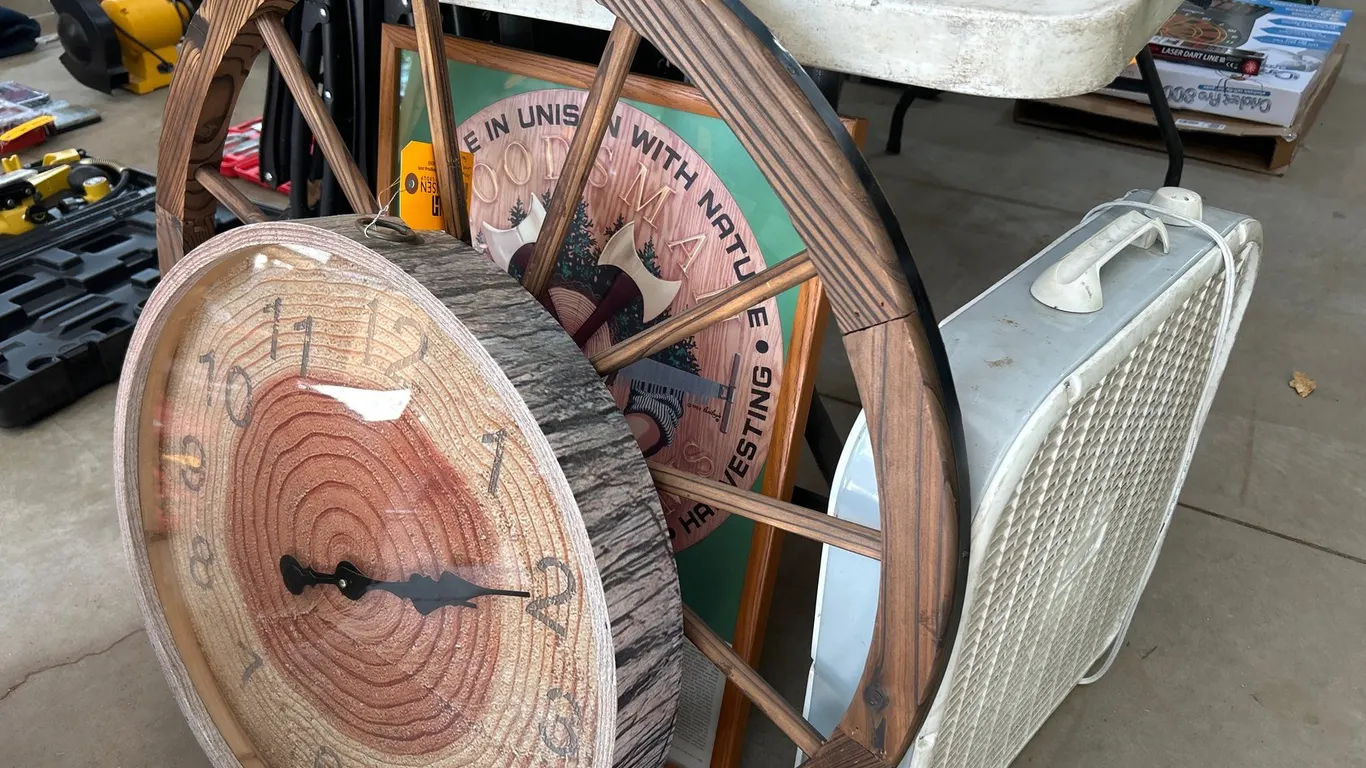 Crown Royal Wagon Wheel, Wall Clock, Framed Poster, and Lasko Box Fan